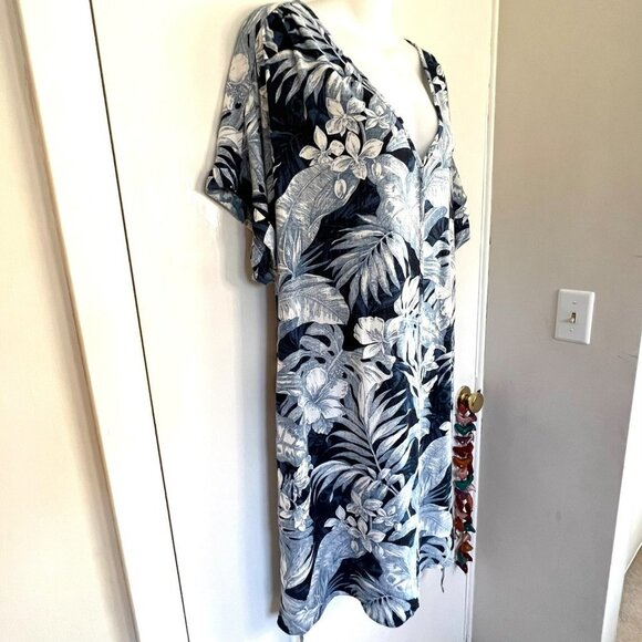 H & M LOGG NAVY BLUE TROPICAL PRINT LINEN BLEND DRESS SIZE LARGE - Picture 10 of 11